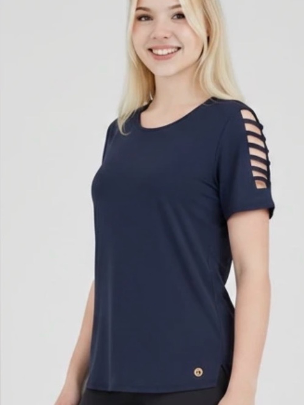 Michael Kors Women's Ladder Cut Short Sleeve Blouse shirt midnight blue medium